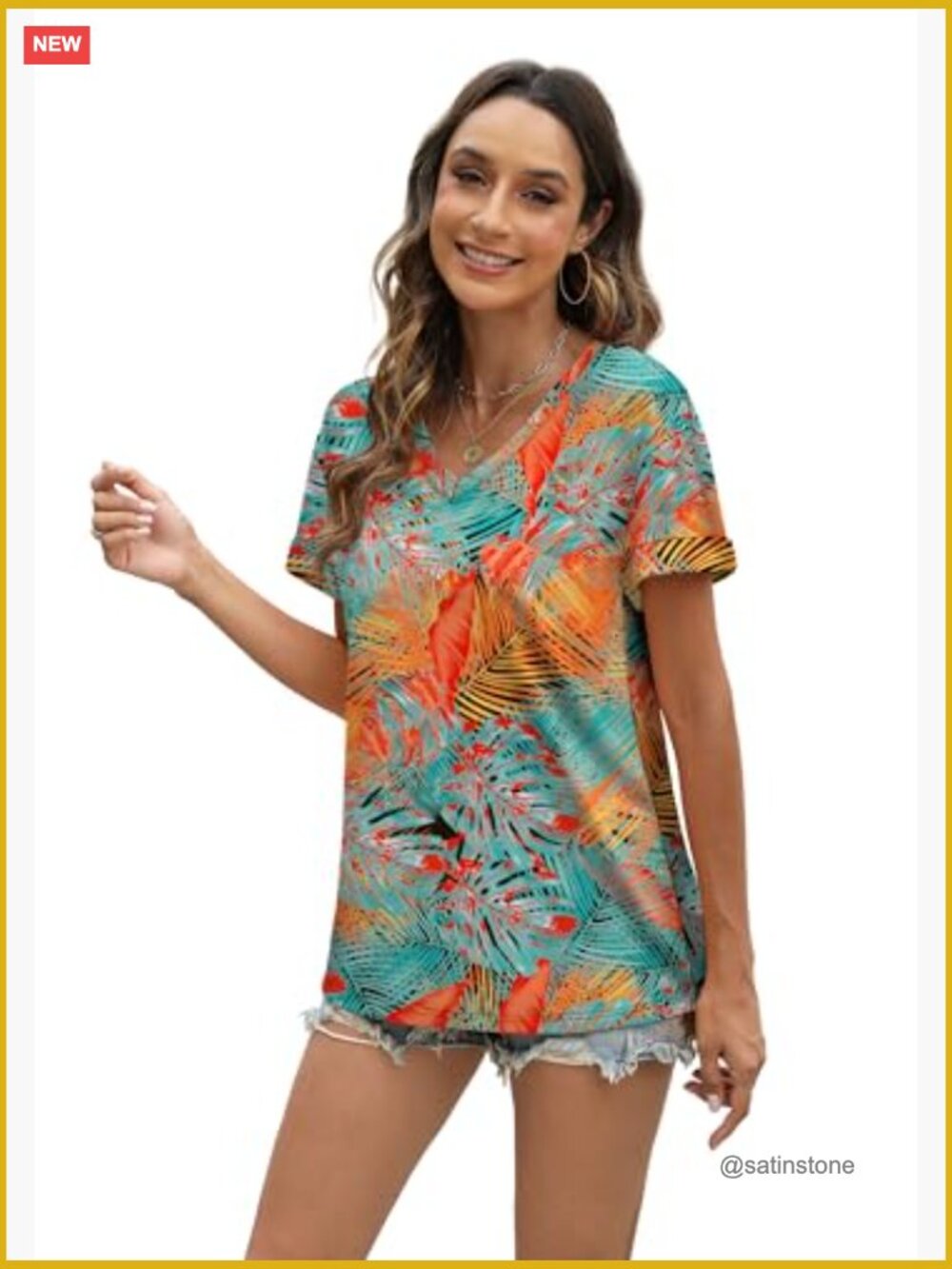 Women's V-Neck Short Sleeve T-Shirt Loose Fit Floral Blouse - Picture 3 of 6